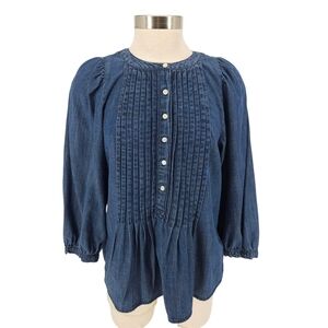 GAP Pleated Shirt Blue Dark Wash Denim Puff 3/4 Sleeve Button Up Top Small